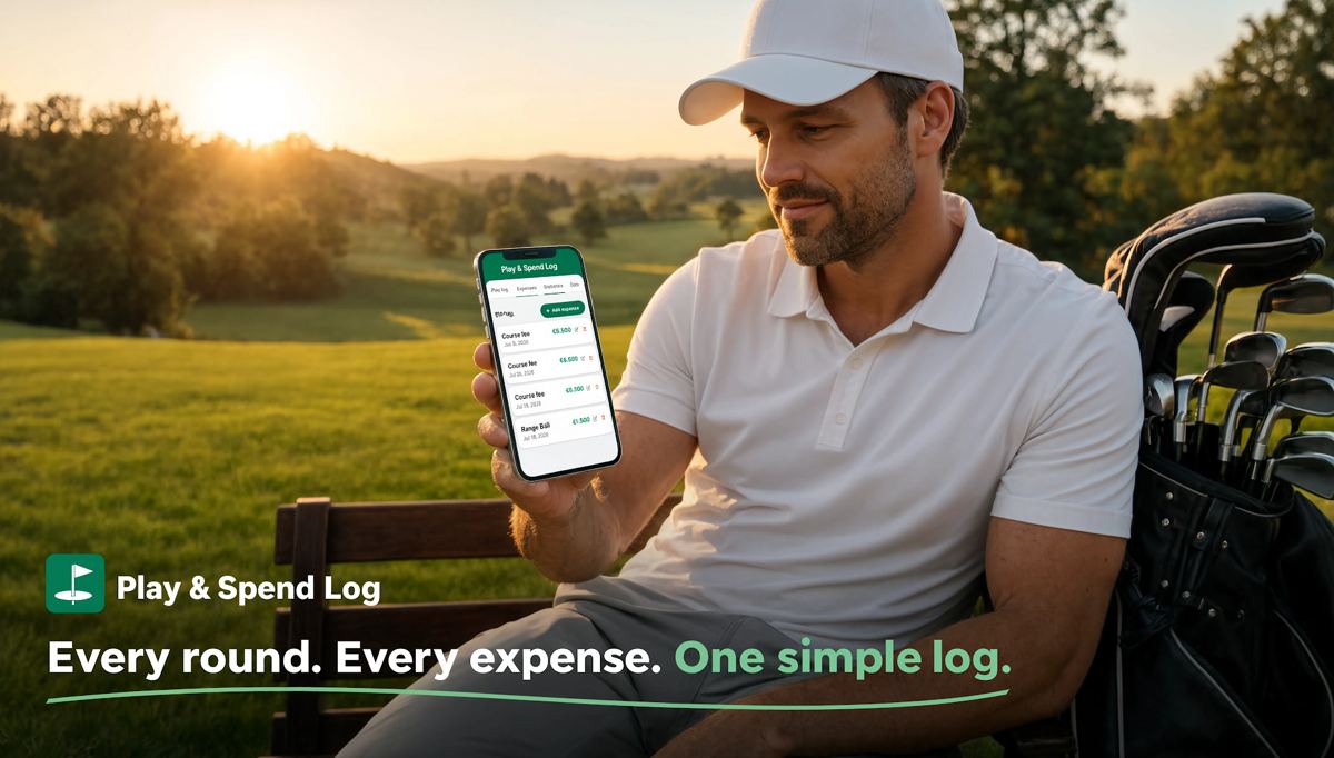 Golfista che consulta l'app Golf Expense Tracker sul telefono