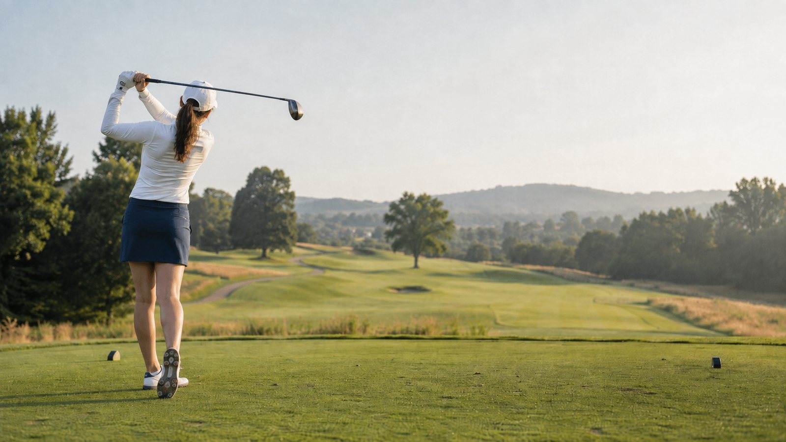 Golfer teeing off at a local golf club on a summer morning